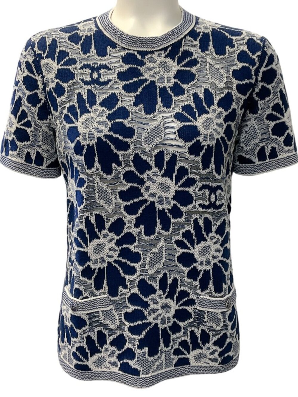Chanel Navy Blue / White Floral Knit Top